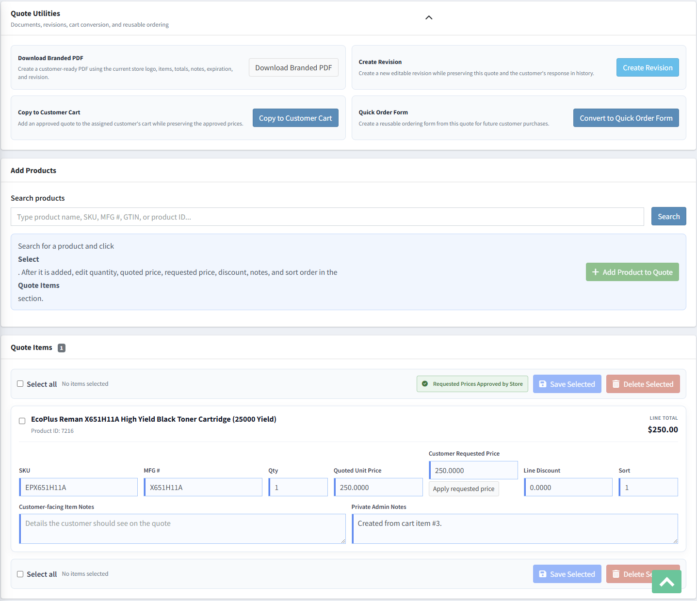 Requested-price approval and quote utilities
